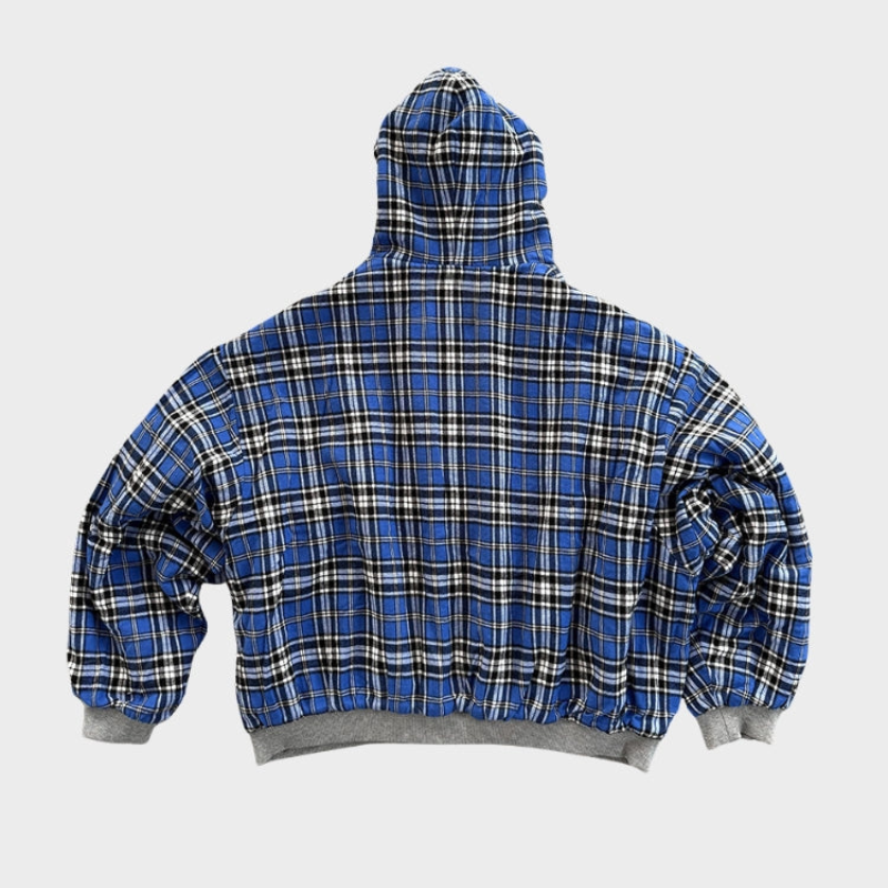 Men's reversible oversized hooded sweatshirt with checked inner side and zip front