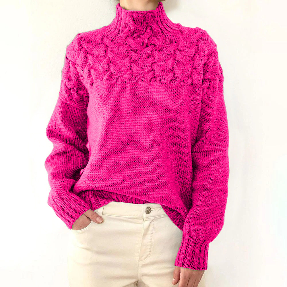 Women's cable-knit turtleneck sweater with long sleeves and ribbed trims
