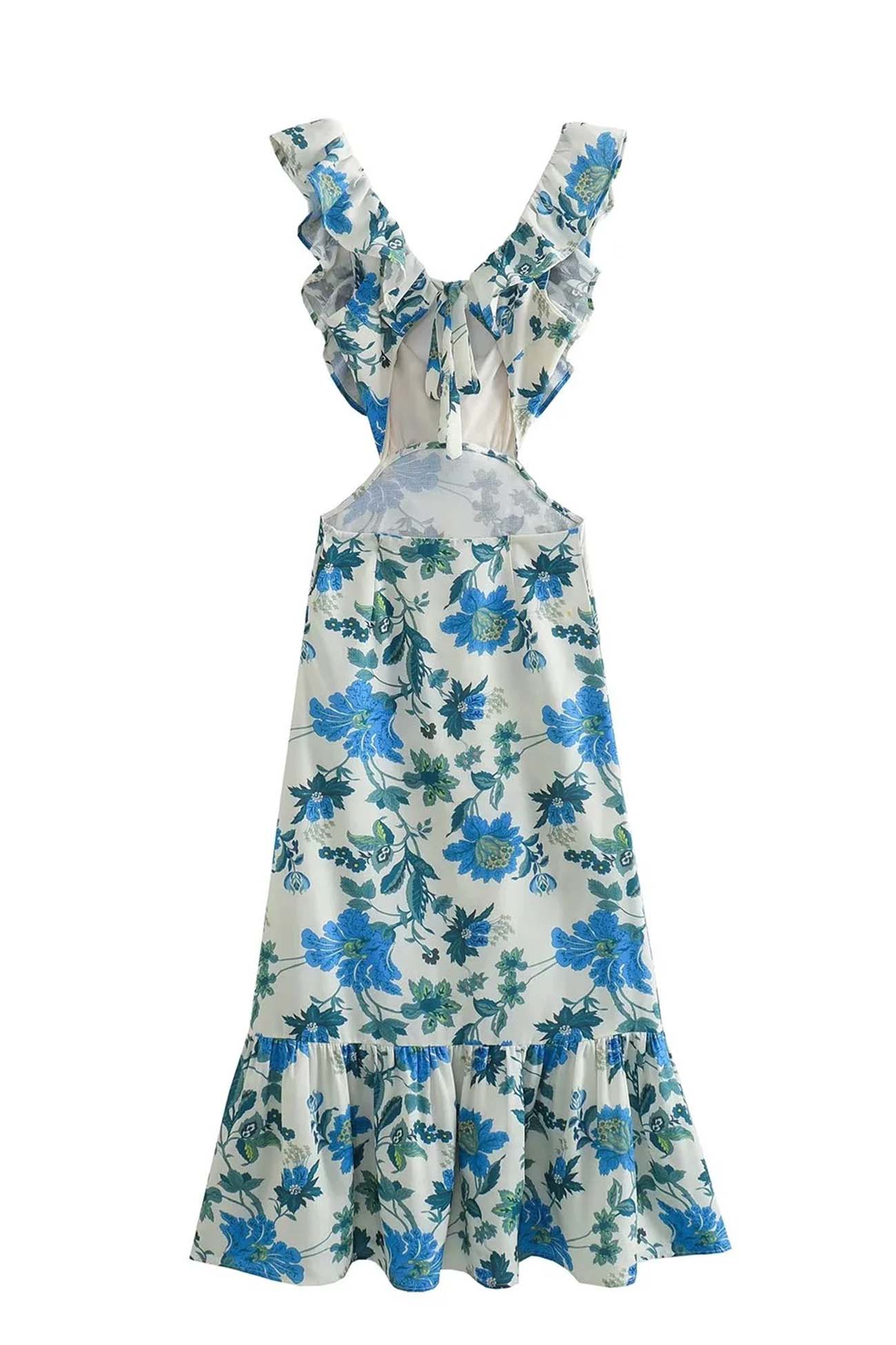 Women's Maxi Floral Dress Ruffle Strap V-Neck Open Back A-Line Fit