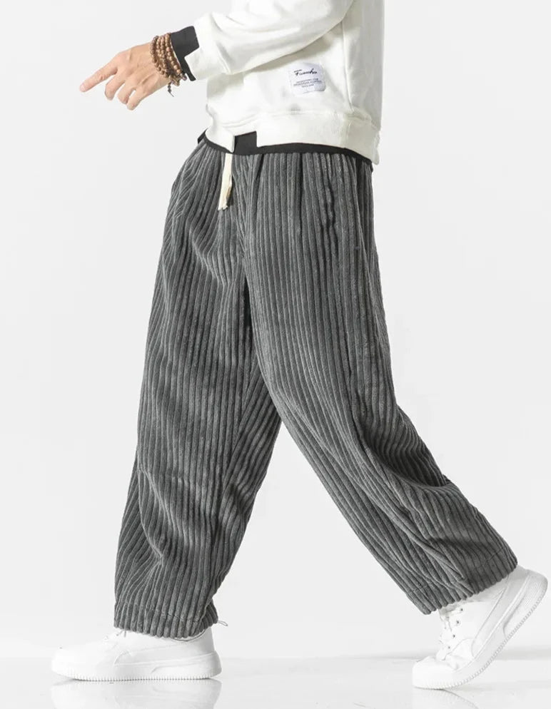 Men's wide-leg ribbed corduroy trousers with elasticated drawstring waist