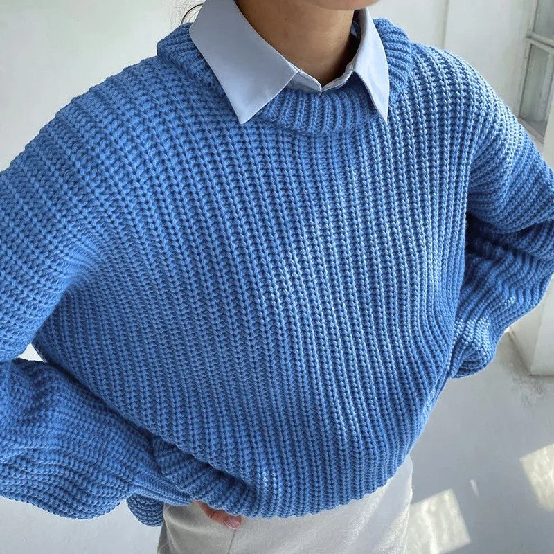 Women's ribbed knit jumper with crew neck and long sleeves