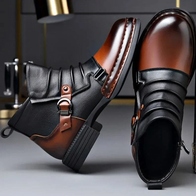 Men's two-tone ankle boots with buckle straps, side zips and rounded toes