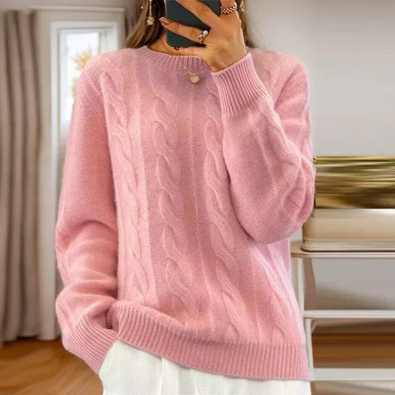 Women's cable knit jumper with crew neckline and ribbed trims