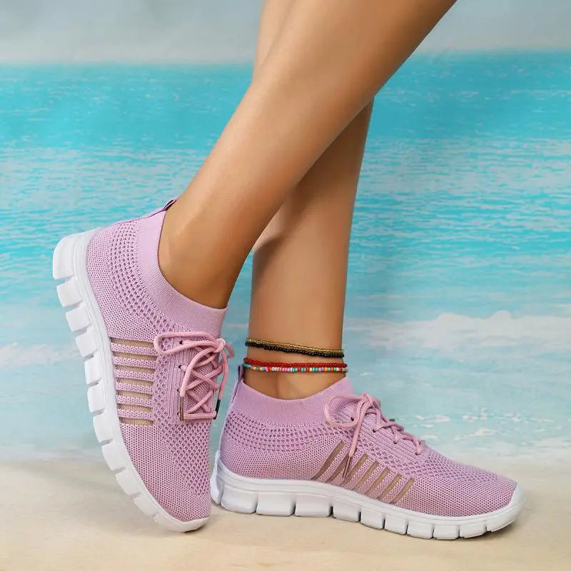 Women's Knit Trainers Lace-Up Mesh Breathable - Light Purple