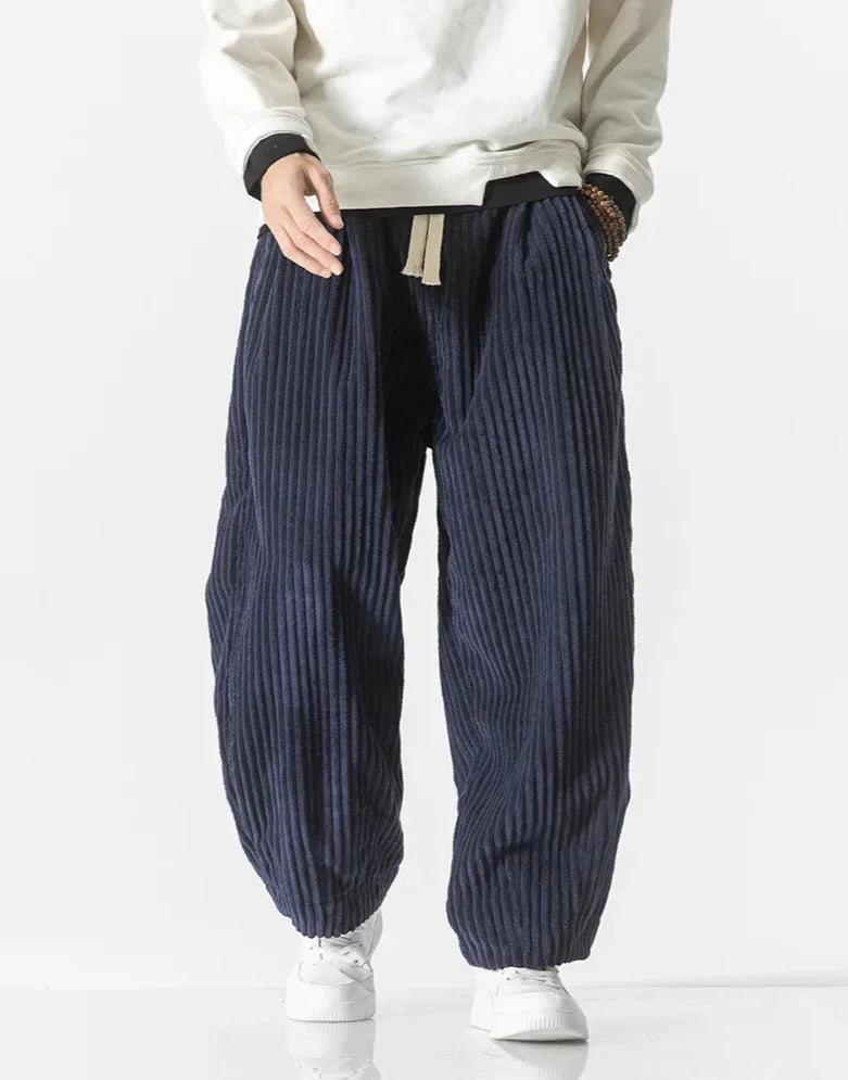 Men's wide-leg ribbed corduroy trousers with elasticated drawstring waist