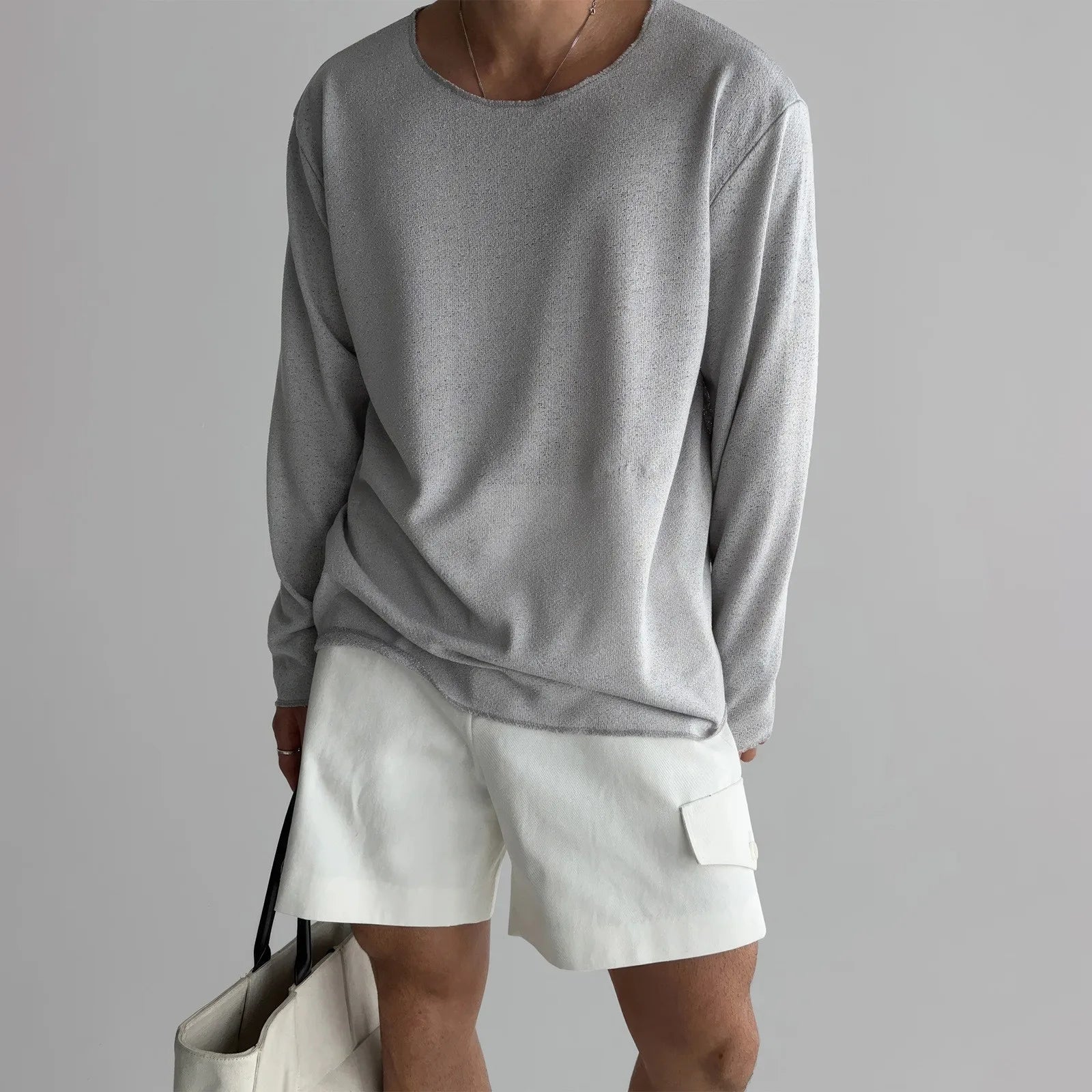 Men's Knit Jumper Open-Knit Long Sleeve Crew Neck - Grey