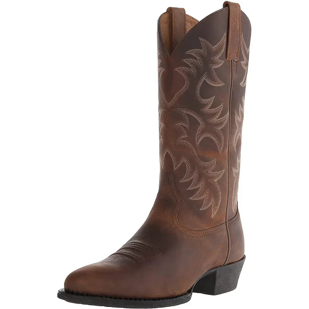 Men's tall cowboy boots with embroidered shafts, pointed toes and low heels