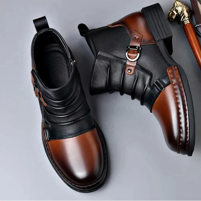 Men's two-tone ankle boots with buckle straps, side zips and rounded toes