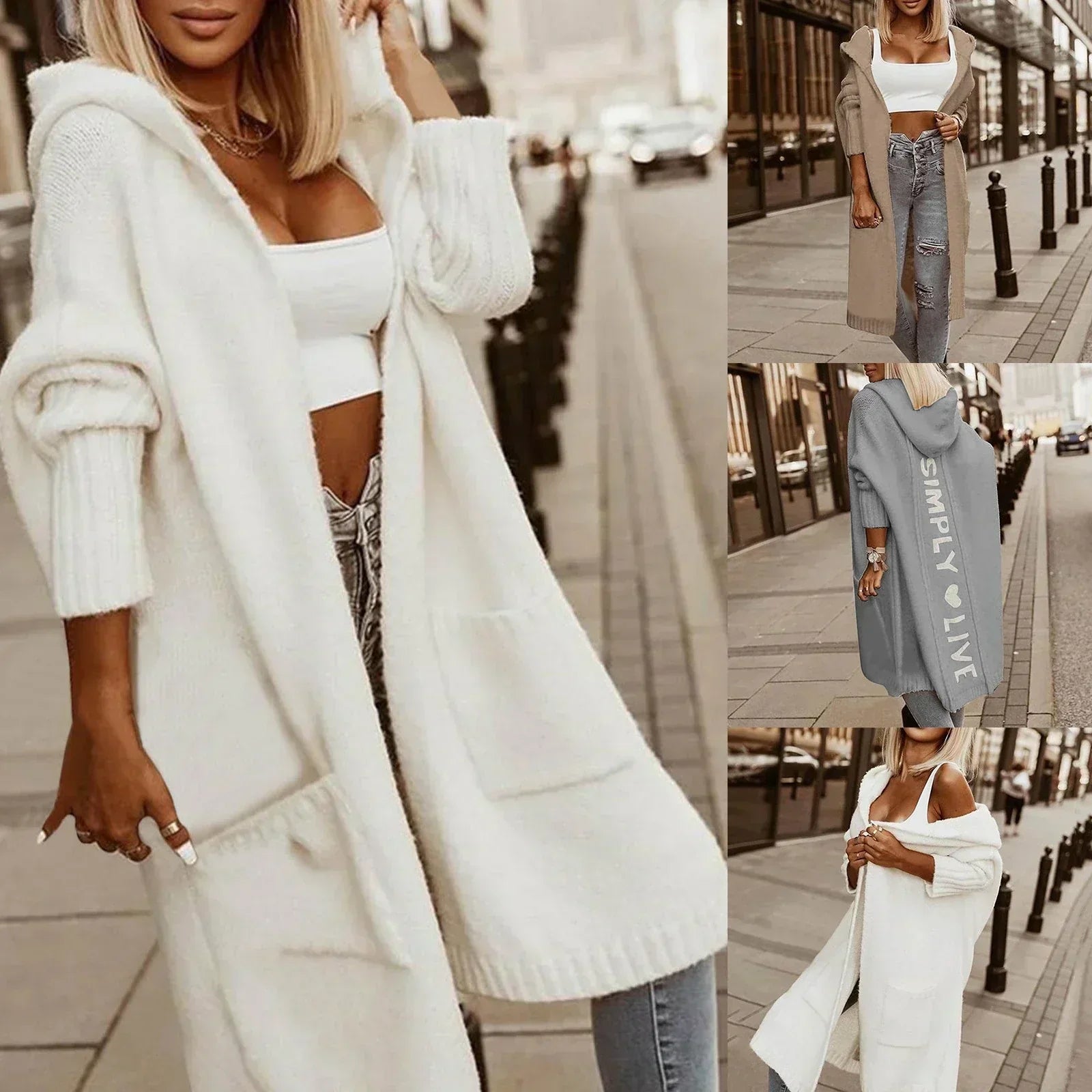 Women's Cardigan Hooded Long Knit Open Front