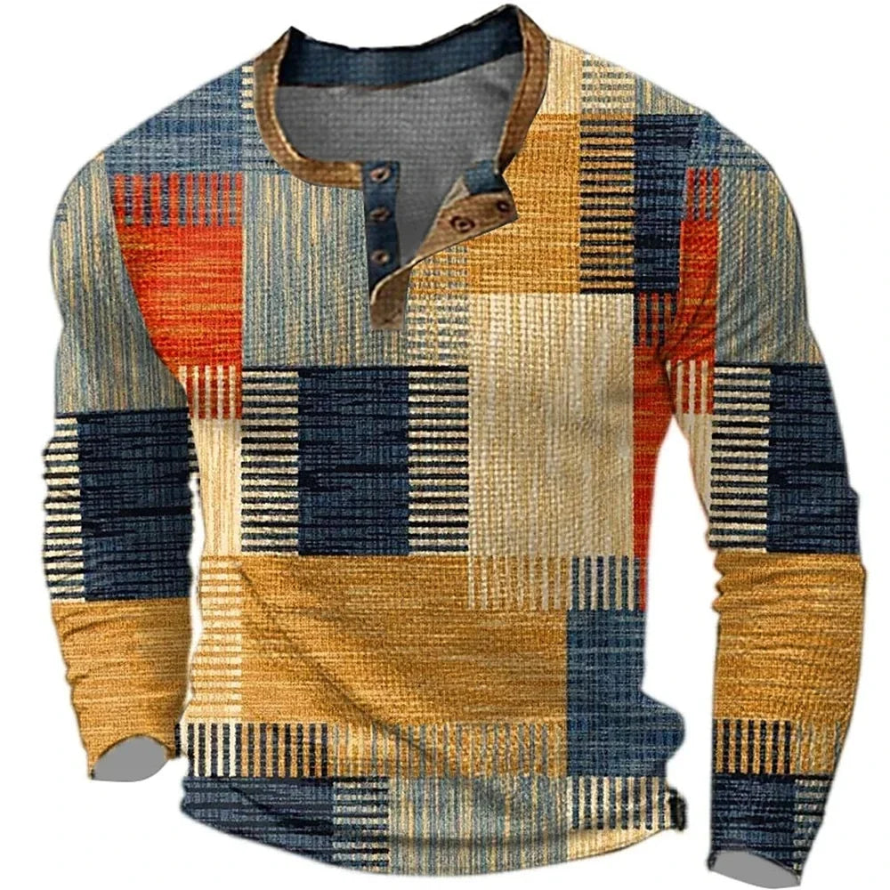 Men's long-sleeve geometric patchwork shirt with mandarin collar and button placket