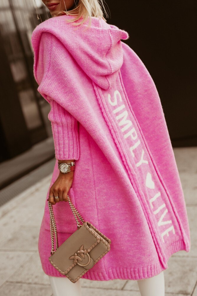 Women's Cardigan Hooded Long Knit Open Front - Pink