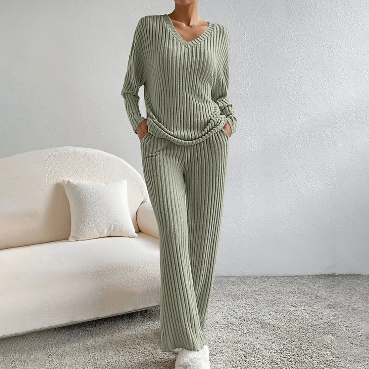 Women's ribbed knit lounge set with V-neck long-sleeve jumper and wide-leg trousers