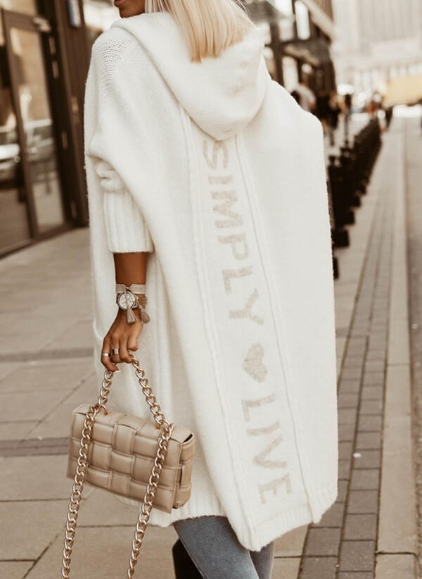 Women's Cardigan Hooded Long Knit Open Front - White