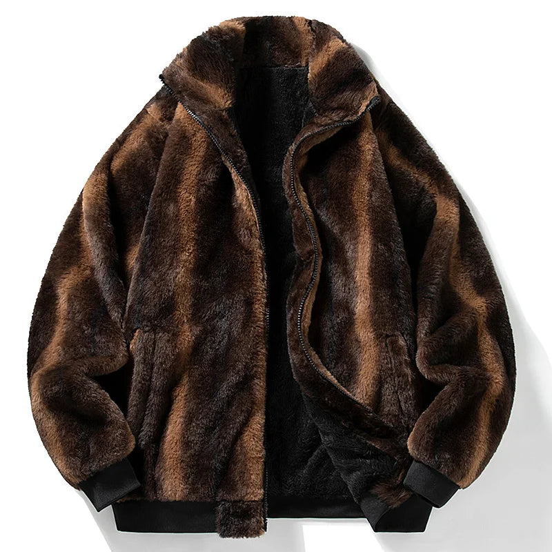 Men's Faux Fur Bomber Jacket Zip-Up - Brown