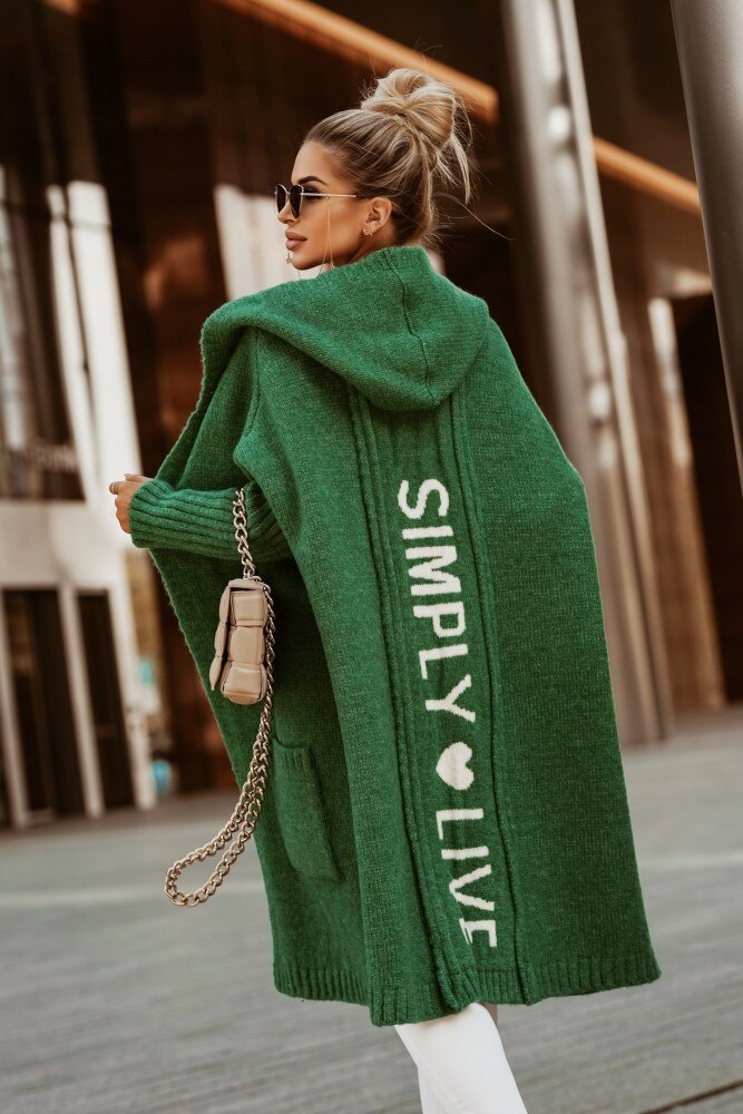 Women's Cardigan Hooded Long Knit Open Front - Green