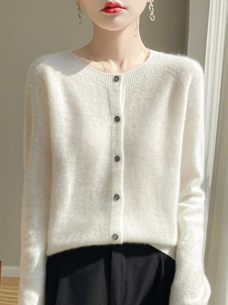 Women's long-sleeve button-front cardigan with crew neckline