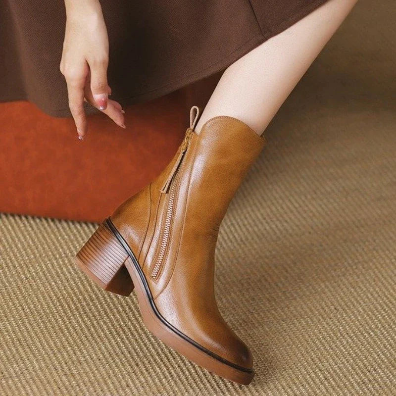 Women's ankle boots with side zips, almond toes and mid block heels