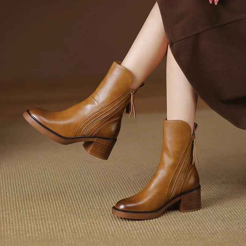 Women's solid ankle boots with side zips and stacked block heels