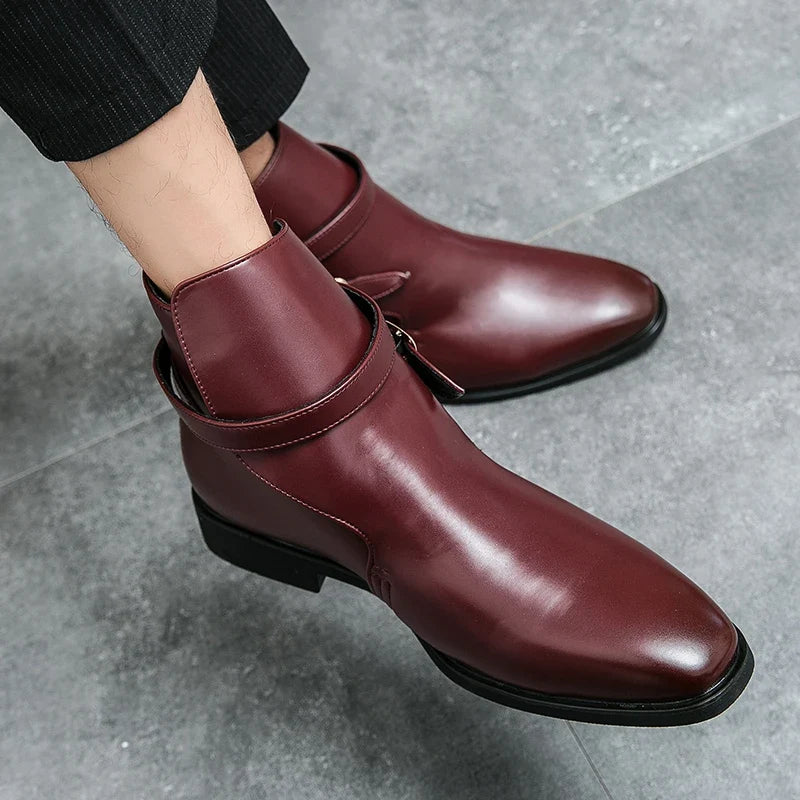 Men's ankle boots with square toe and side buckle strap