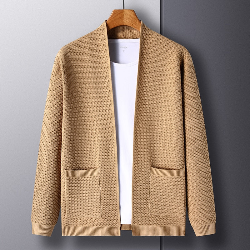 Men's textured knit cardigan with open front, long sleeves and front pockets