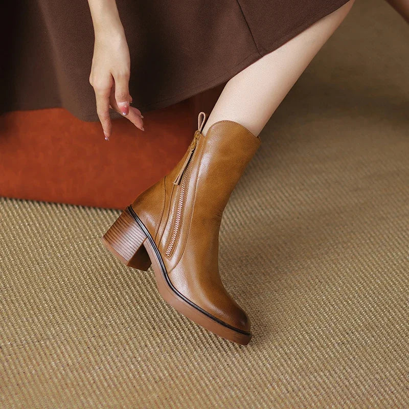 Women's solid ankle boots with side zips and stacked block heels