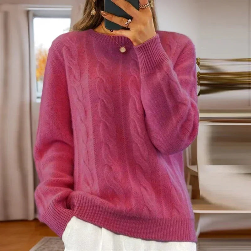 Women's cable knit jumper with crew neckline and ribbed trims