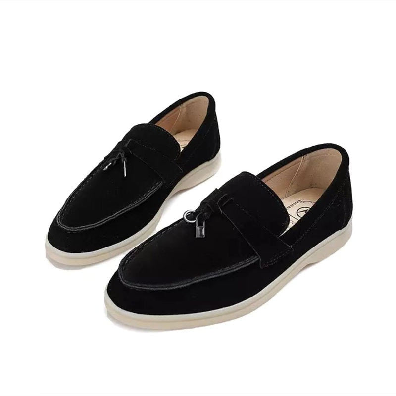 Women's pointed toe loafers with flat soles and front trim