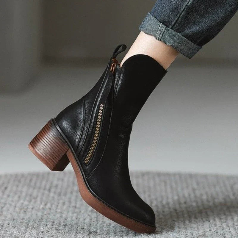 Women's ankle boots with side zips, almond toes and mid block heels