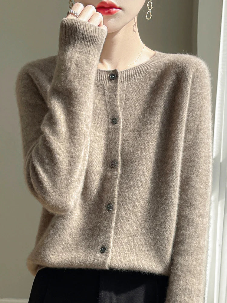 Women's long-sleeve button-front cardigan with crew neckline