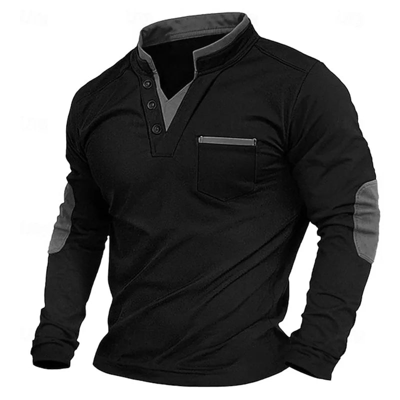 Men's long-sleeved V-neck sweatshirt with chest pocket and contrast elbow panels