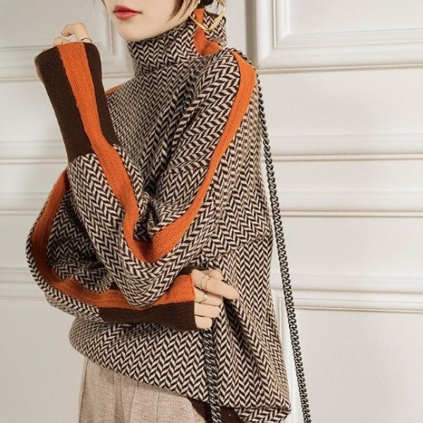 Women's herringbone turtleneck sweater with contrast sleeve trim