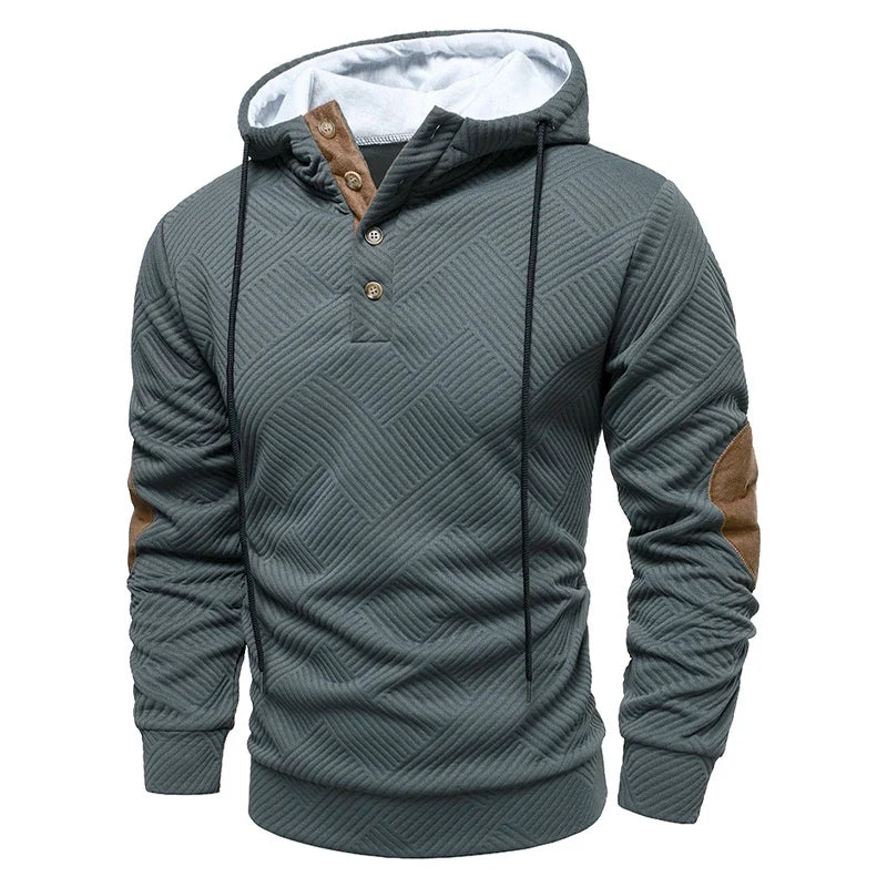 Men's textured hooded jumper with button placket and contrasting elbow panels