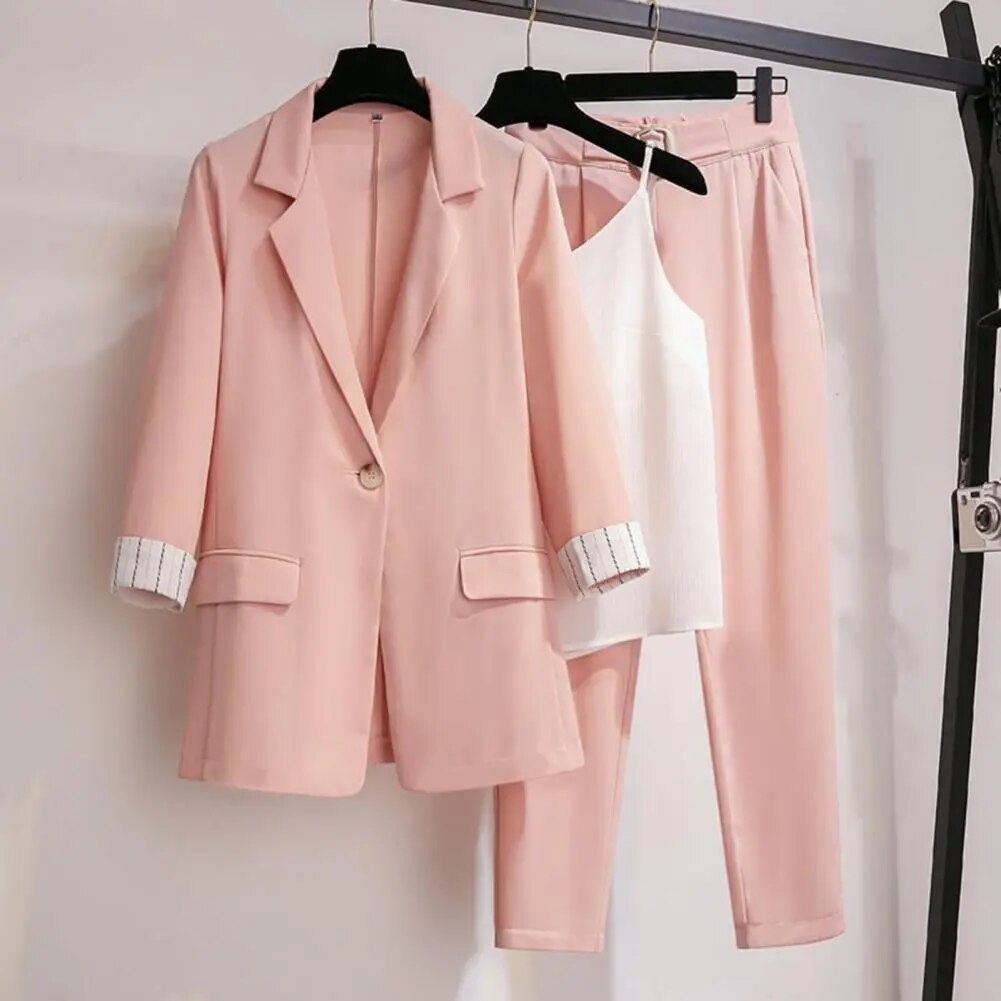 Women's three-piece blazer, camisole and straight trousers set