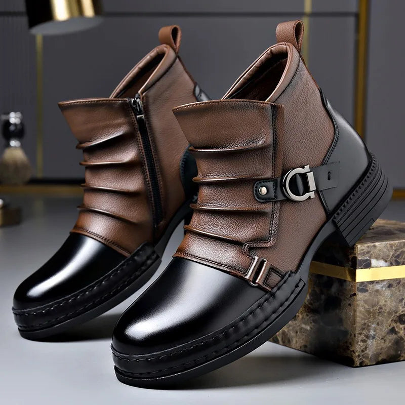 Men's two-tone ankle boots with buckle straps, side zips and rounded toes