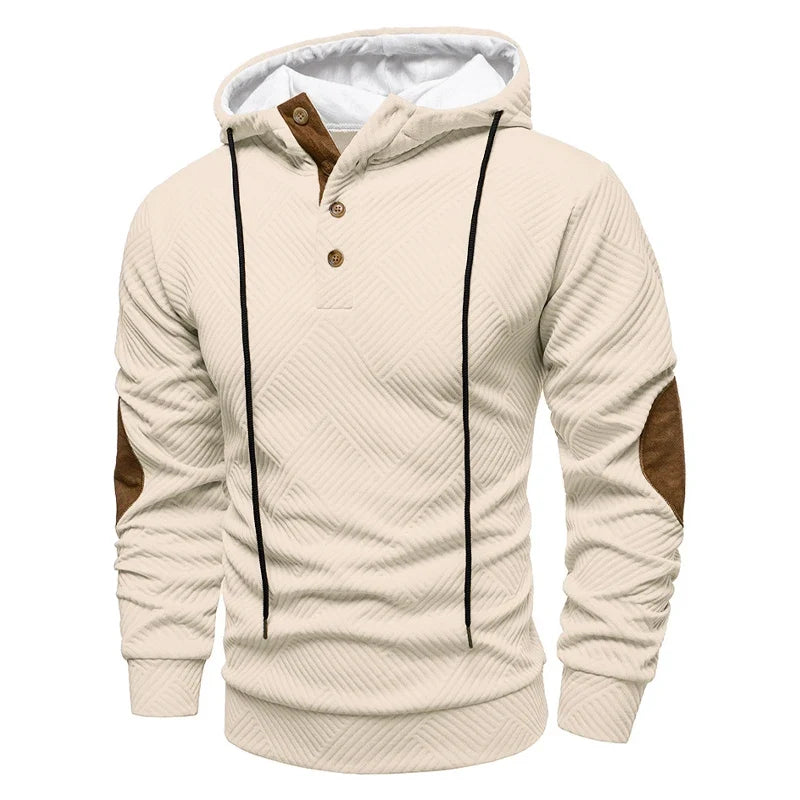 Men's textured hooded jumper with button placket and contrasting elbow panels