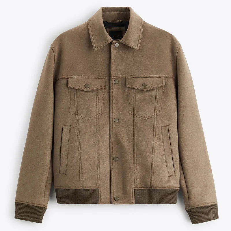 Men's plain trucker jacket with point collar, snap front, chest pockets and ribbed hems