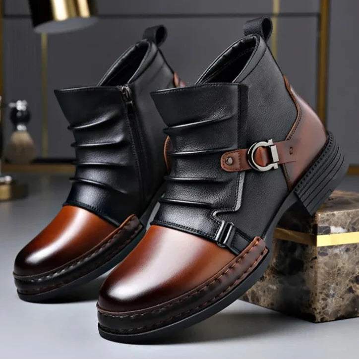 Men's two-tone ankle boots with buckle straps, side zips and rounded toes