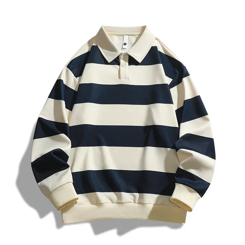 Long-sleeve striped polo jumper with collar, button placket and ribbed trims