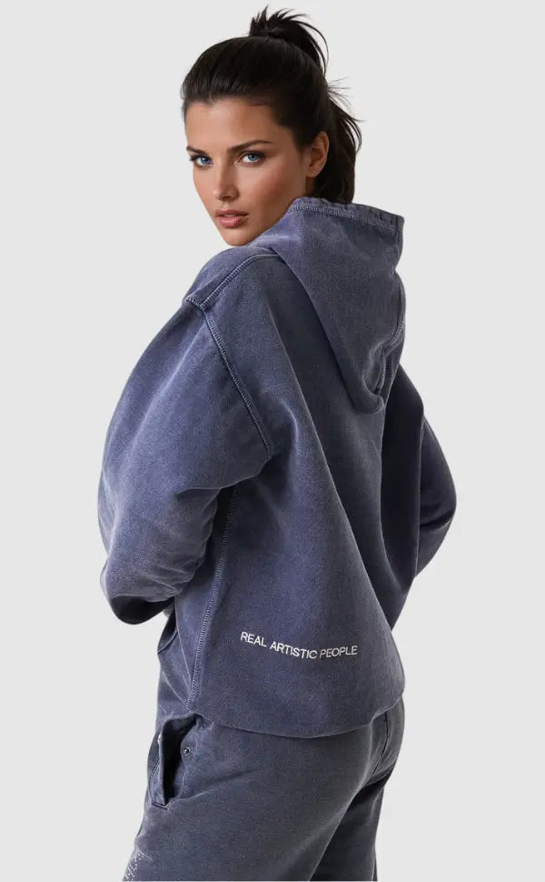 Women's blue hoodie with hood, front graphic, pouch pocket and long sleeves