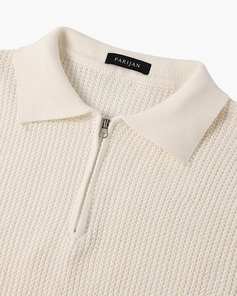 Men's textured collared sweater with half-zip fastening and long sleeves