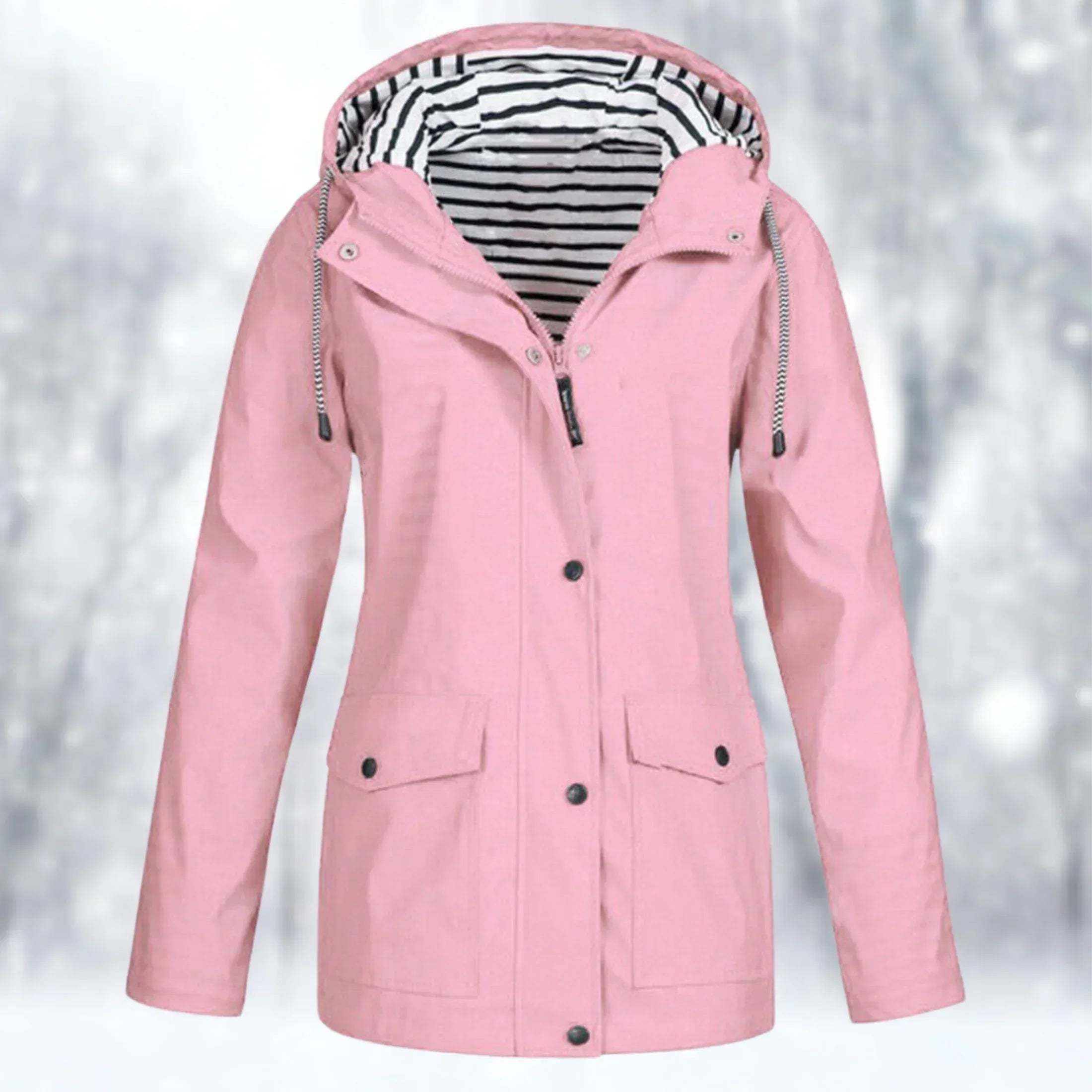 Women's hooded rain jacket with long sleeves, front zip and flap pockets