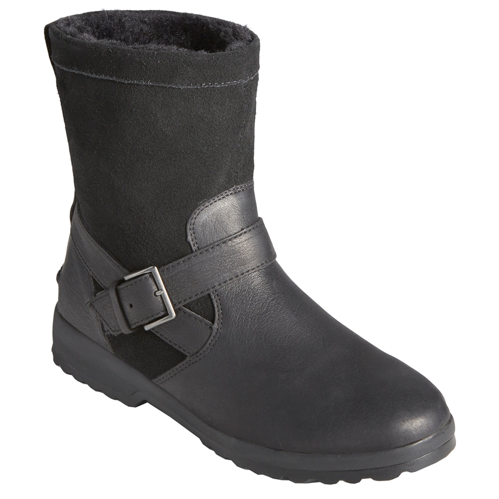 Black pull-on biker boots with buckle strap and textured sole
