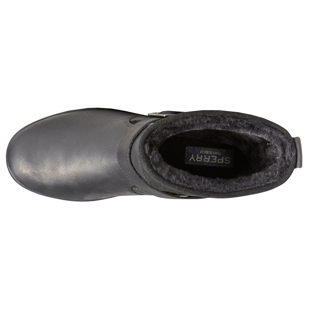 Black pull-on biker boots with buckle strap and textured sole
