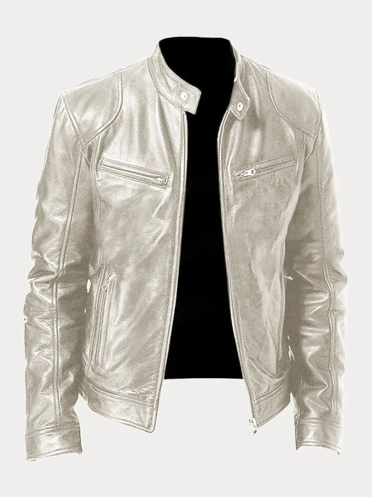 Men's leather biker jacket with stand collar, long sleeves and zipped pockets