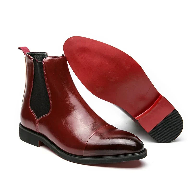 Men's Chelsea ankle boots with almond toes, elastic side panels and low heels