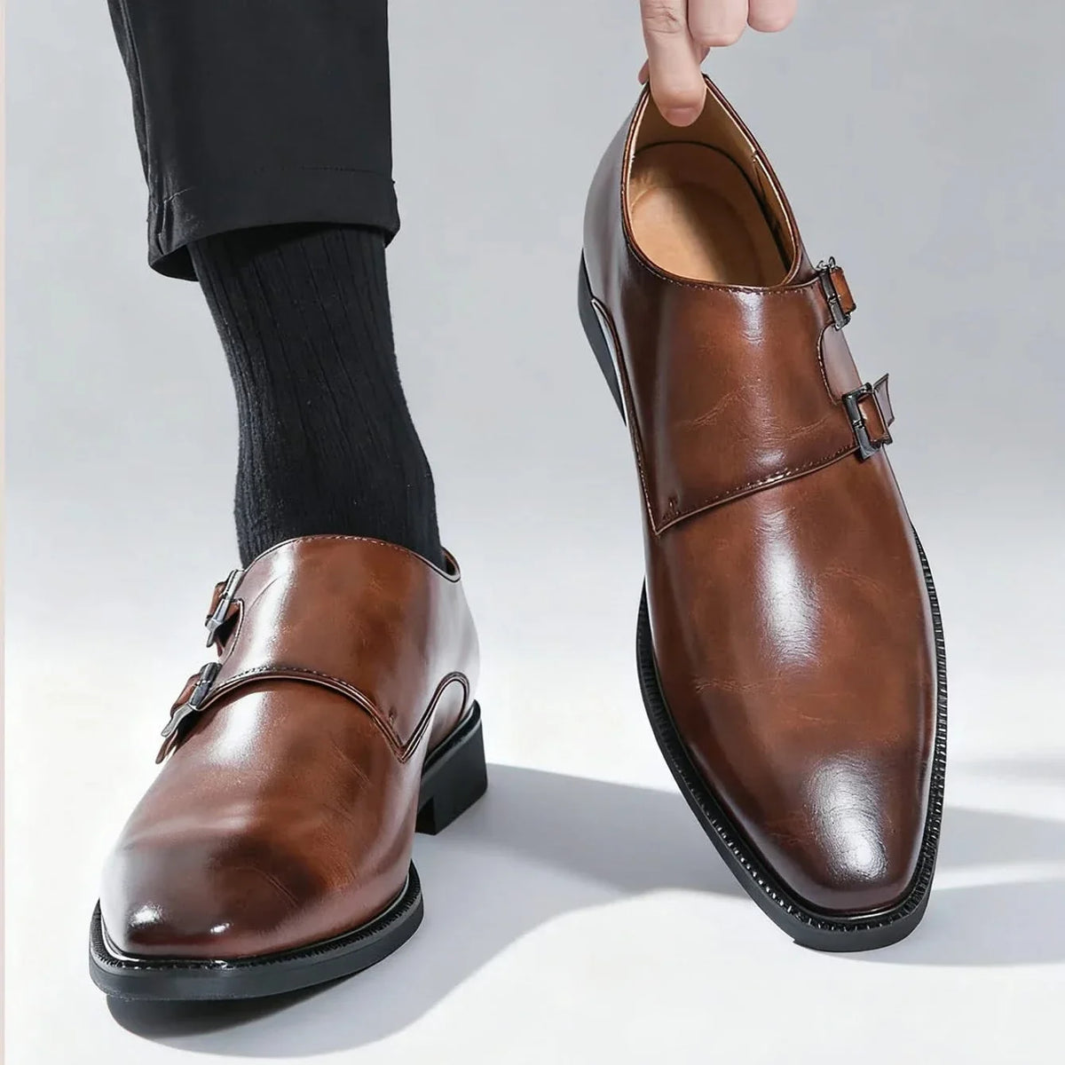 Men's polished double monk strap loafers with twin buckles