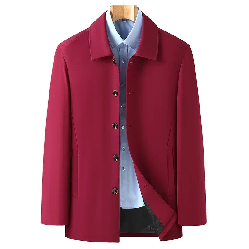 Men's Jacket Single-Breasted Button-Up Longline - Wine Red