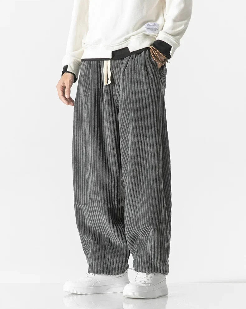 Men's wide-leg ribbed corduroy trousers with elasticated drawstring waist