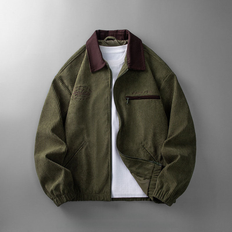 Men's ribbed corduroy zip jacket with contrasting collar and pockets