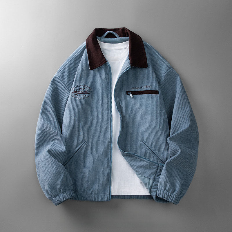 Men's ribbed corduroy zip jacket with contrasting collar and pockets